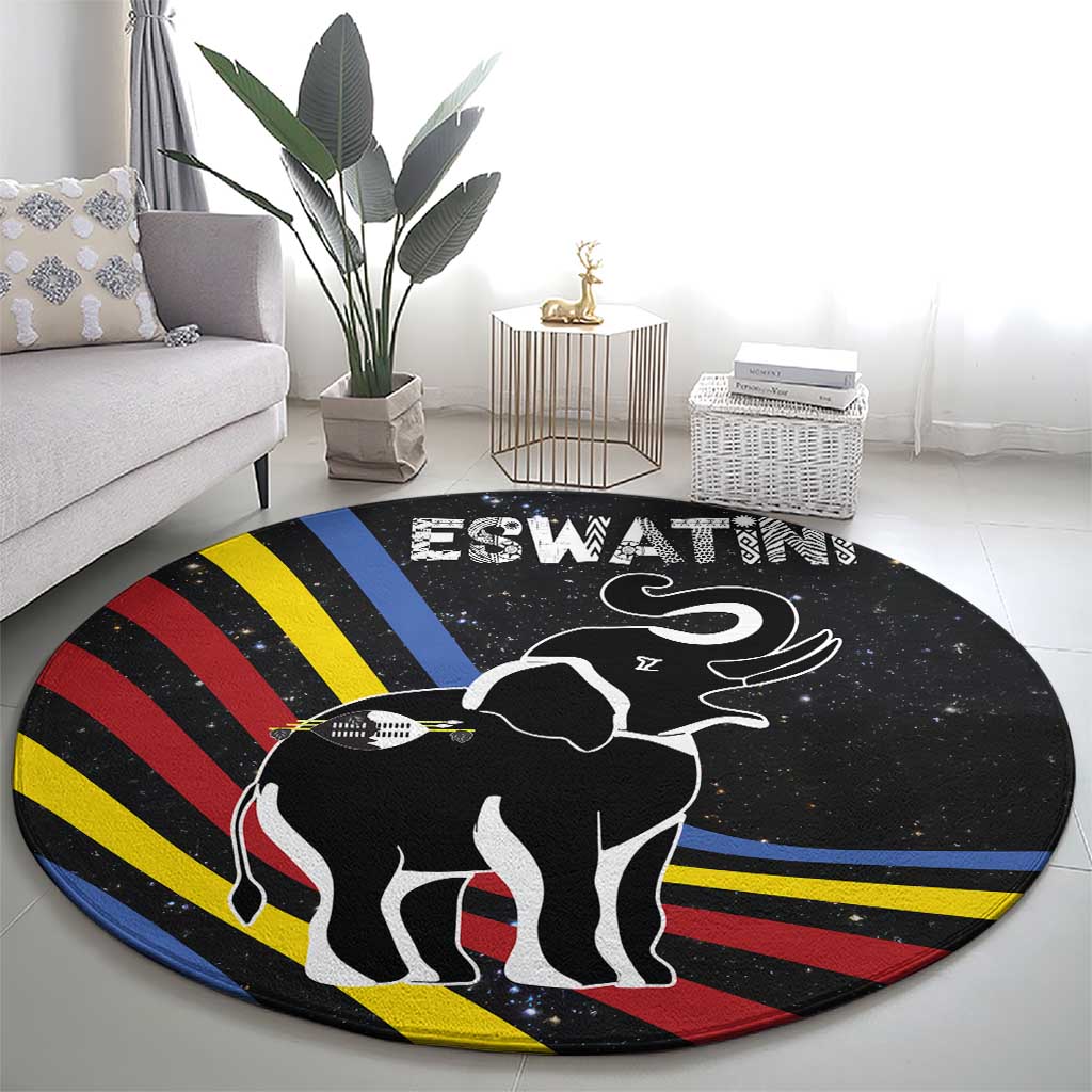 Eswatini Elephant Round Carpet with Cosmic Background and Swazi Flag Colors