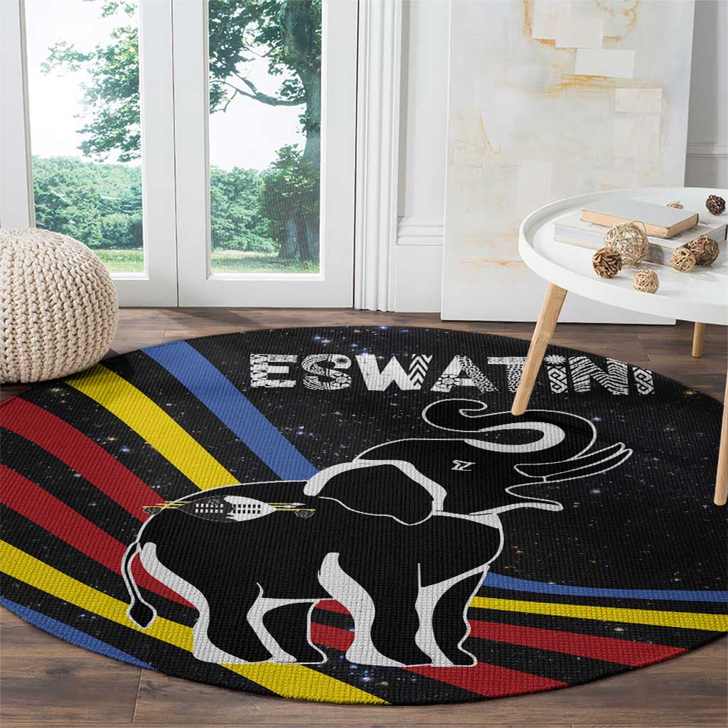 Eswatini Elephant Round Carpet with Cosmic Background and Swazi Flag Colors