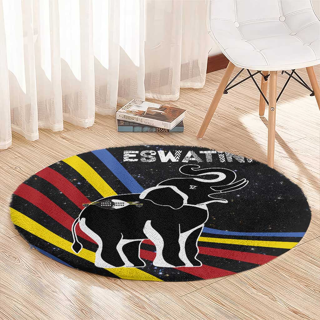 Eswatini Elephant Round Carpet with Cosmic Background and Swazi Flag Colors
