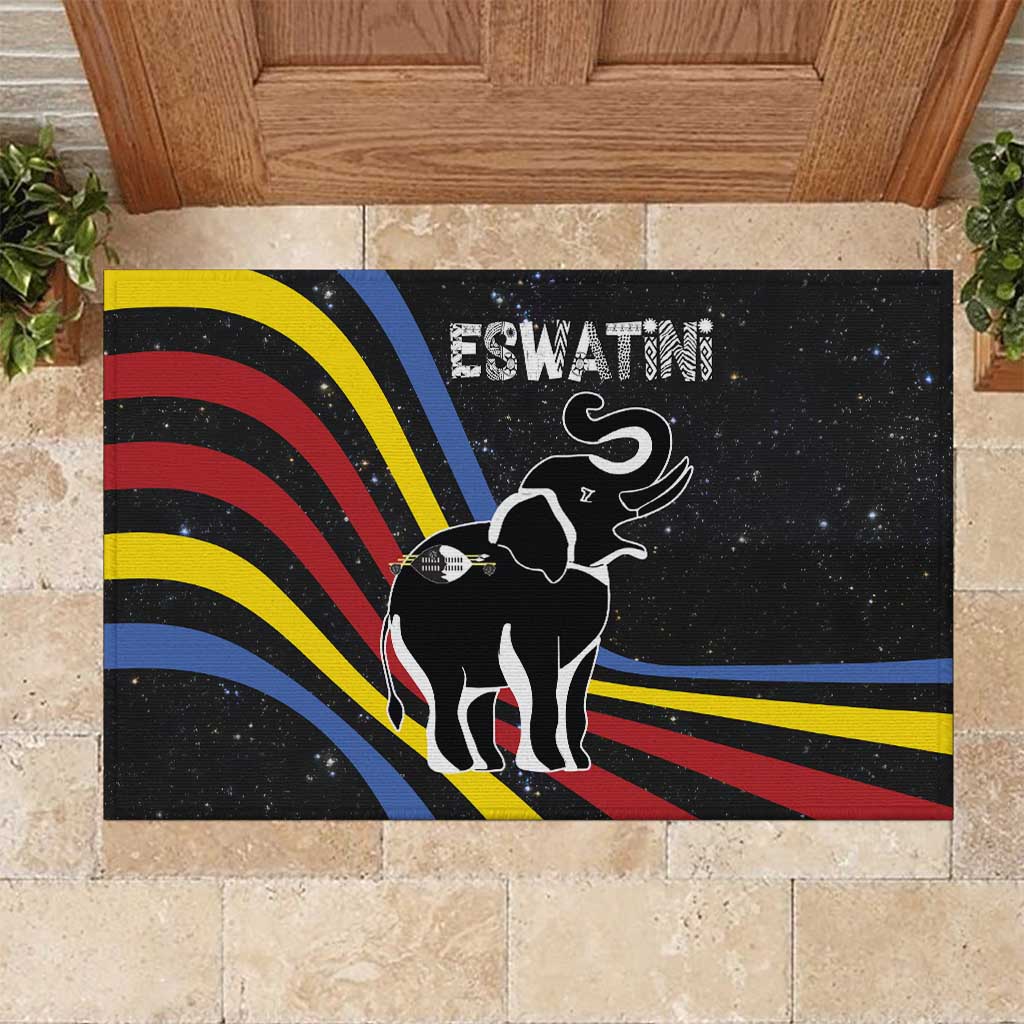 Eswatini Elephant Rubber Doormat with Cosmic Background and Swazi Flag Colors