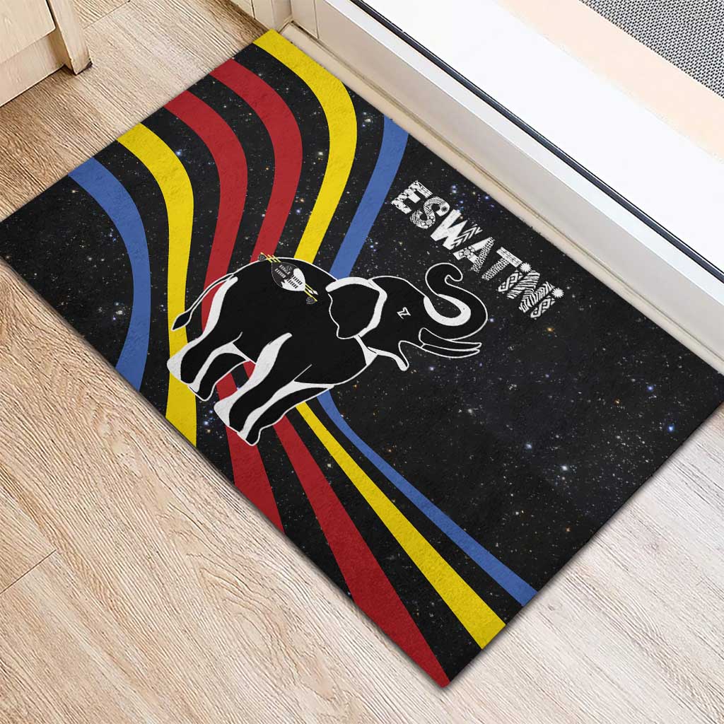 Eswatini Elephant Rubber Doormat with Cosmic Background and Swazi Flag Colors