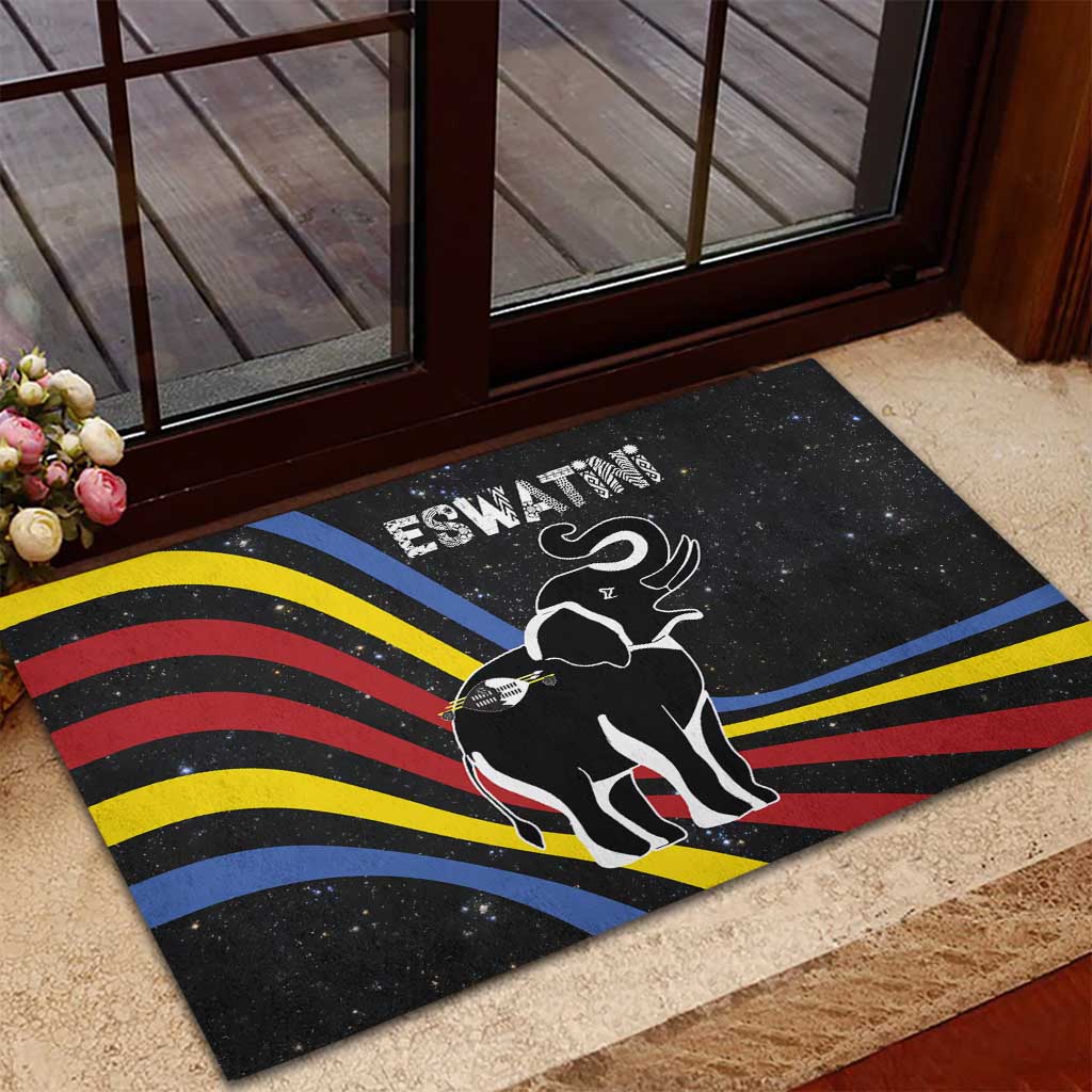 Eswatini Elephant Rubber Doormat with Cosmic Background and Swazi Flag Colors