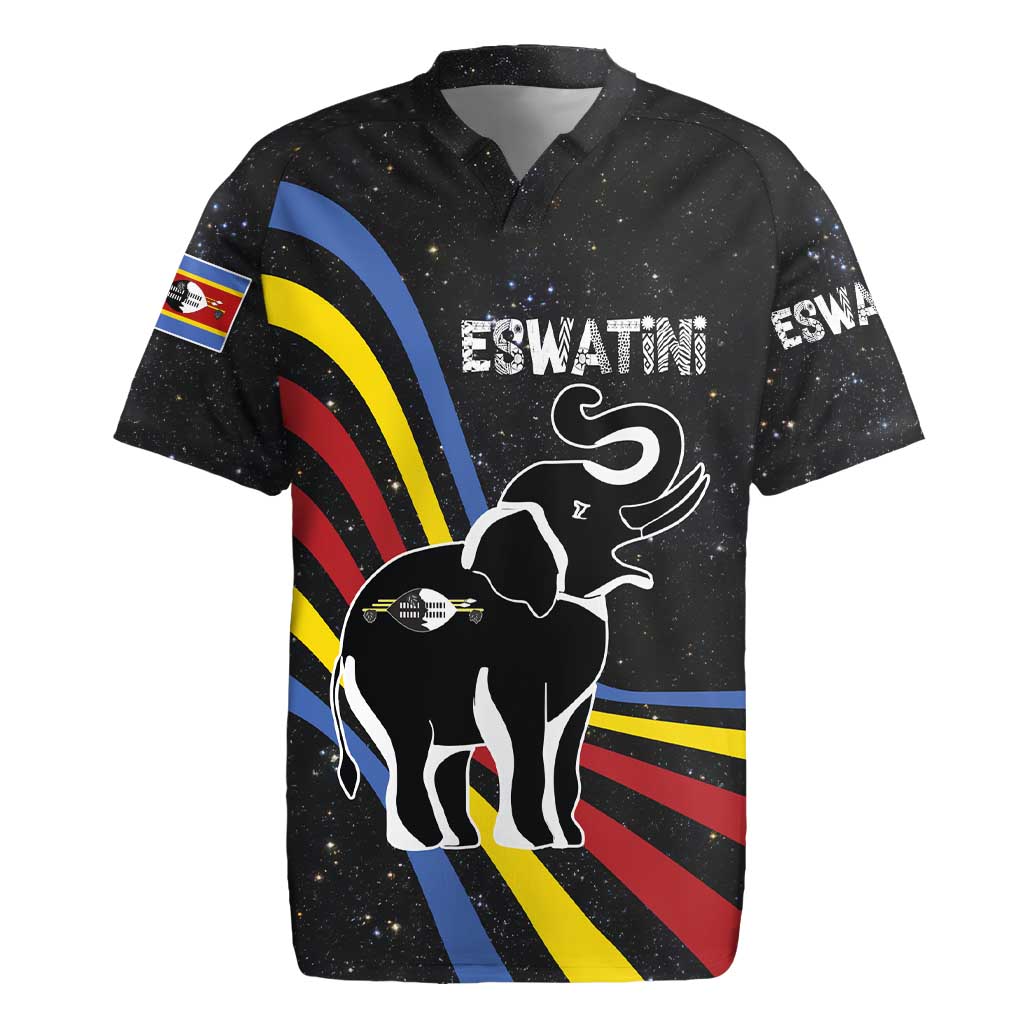 Eswatini Elephant Rugby Jersey with Cosmic Background and Swazi Flag Colors