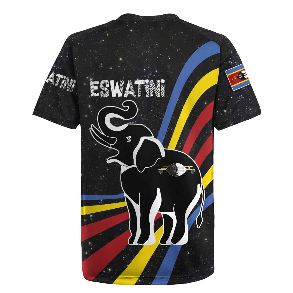 Eswatini Elephant Rugby Jersey with Cosmic Background and Swazi Flag Colors