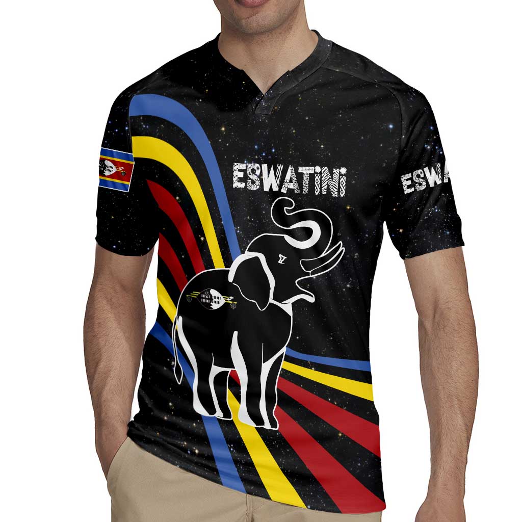 Eswatini Elephant Rugby Jersey with Cosmic Background and Swazi Flag Colors