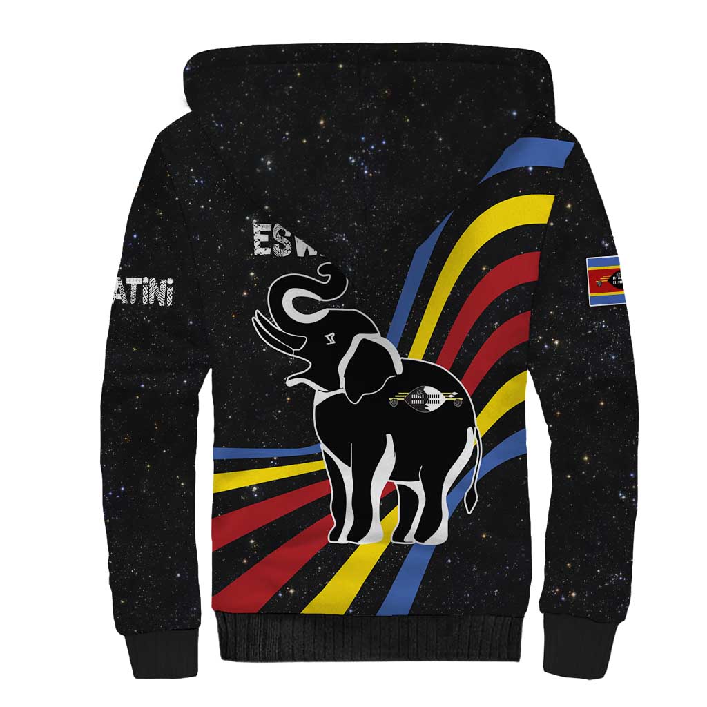 Eswatini Elephant Sherpa Hoodie with Cosmic Background and Swazi Flag Colors