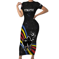 Eswatini Elephant Short Sleeve Bodycon Dress with Cosmic Background and Swazi Flag Colors