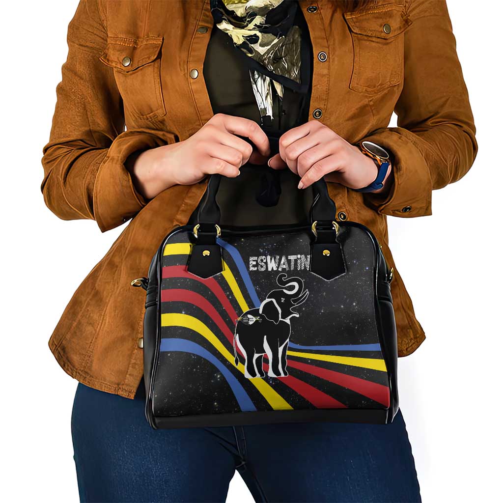 Eswatini Elephant Shoulder Handbag with Cosmic Background and Swazi Flag Colors