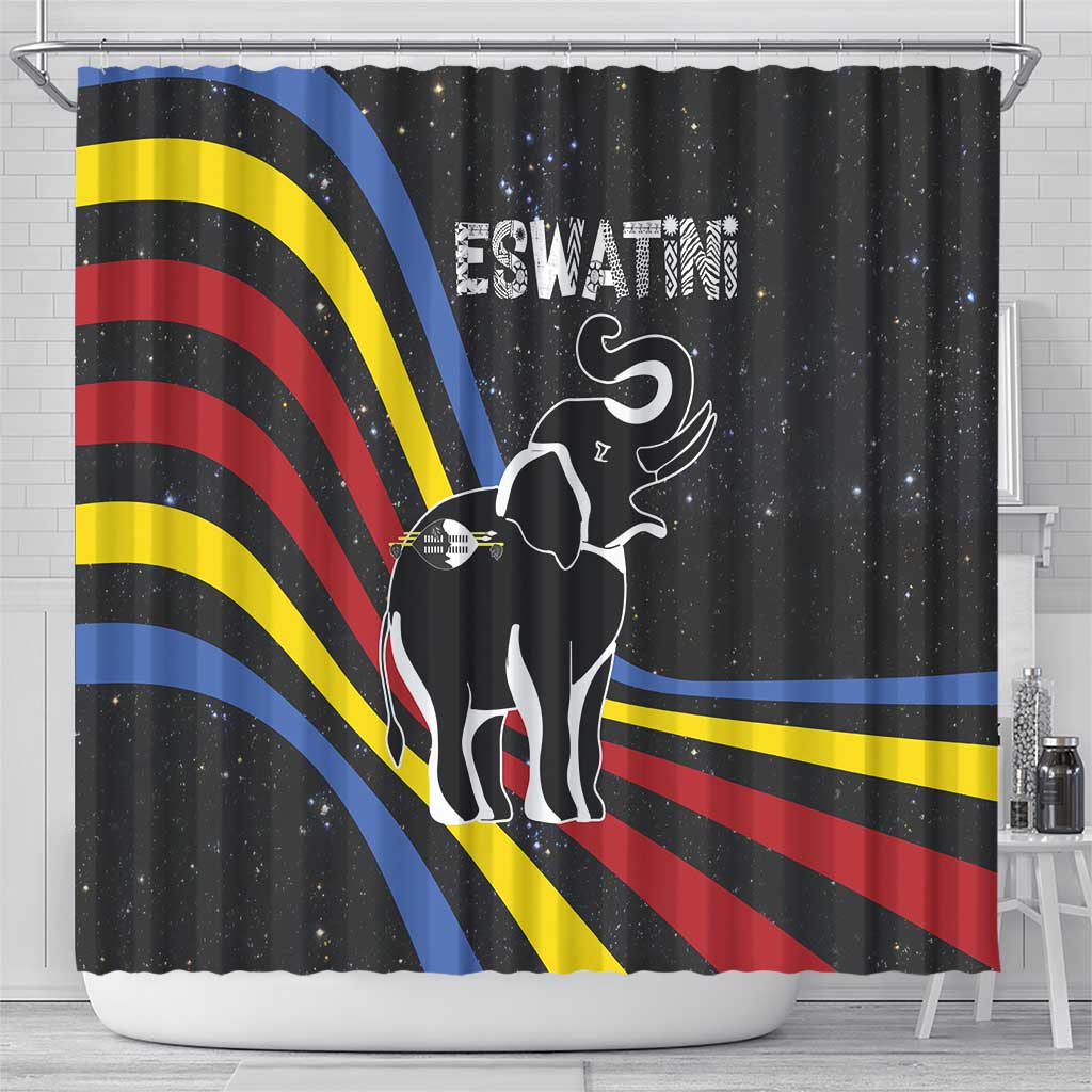 Eswatini Elephant Shower Curtain with Cosmic Background and Swazi Flag Colors