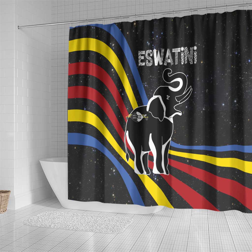 Eswatini Elephant Shower Curtain with Cosmic Background and Swazi Flag Colors