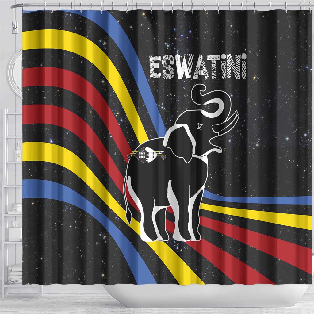 Eswatini Elephant Shower Curtain with Cosmic Background and Swazi Flag Colors