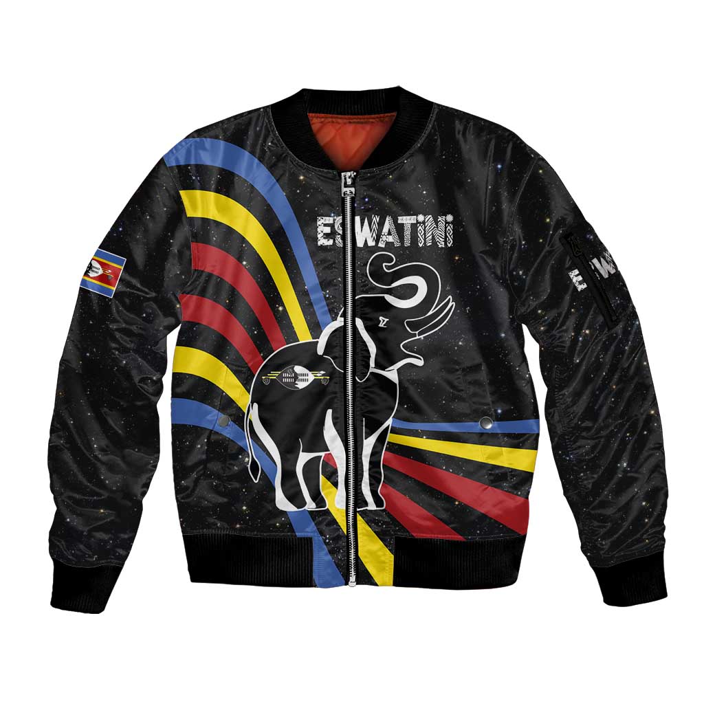 Eswatini Elephant Sleeve Zip Bomber Jacket with Cosmic Background and Swazi Flag Colors