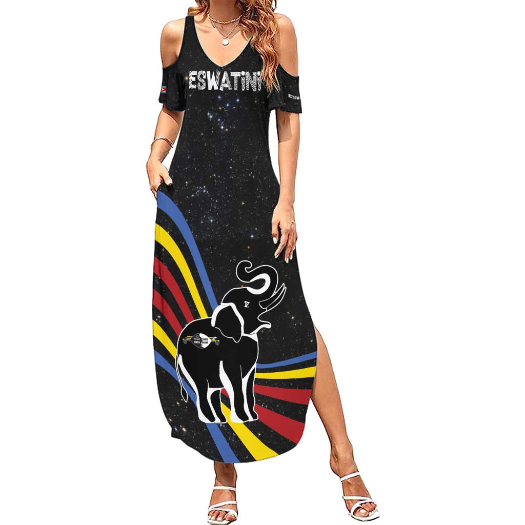 Eswatini Elephant Summer Maxi Dress with Cosmic Background and Swazi Flag Colors