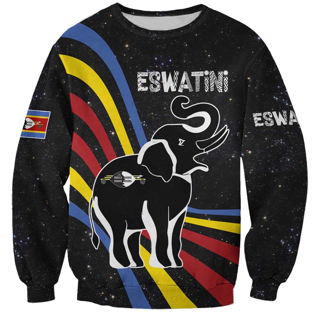 Eswatini Elephant Sweatshirt with Cosmic Background and Swazi Flag Colors