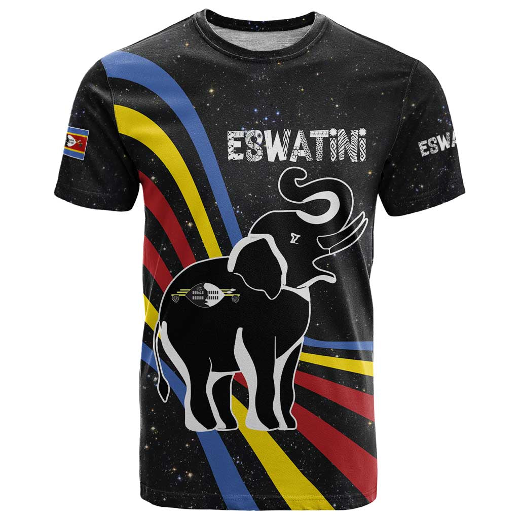 Eswatini Elephant T Shirt with Cosmic Background and Swazi Flag Colors