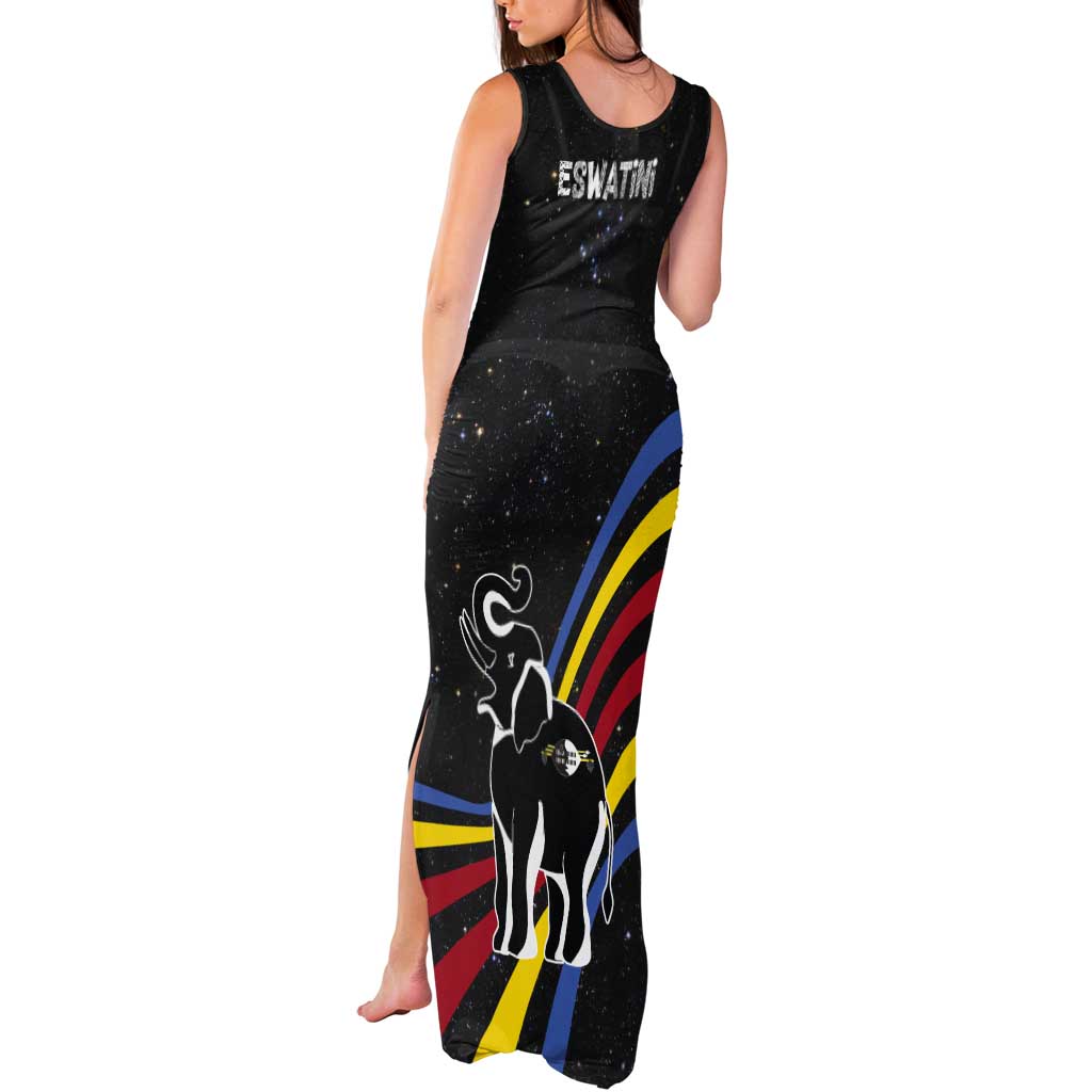 Eswatini Elephant Tank Maxi Dress with Cosmic Background and Swazi Flag Colors