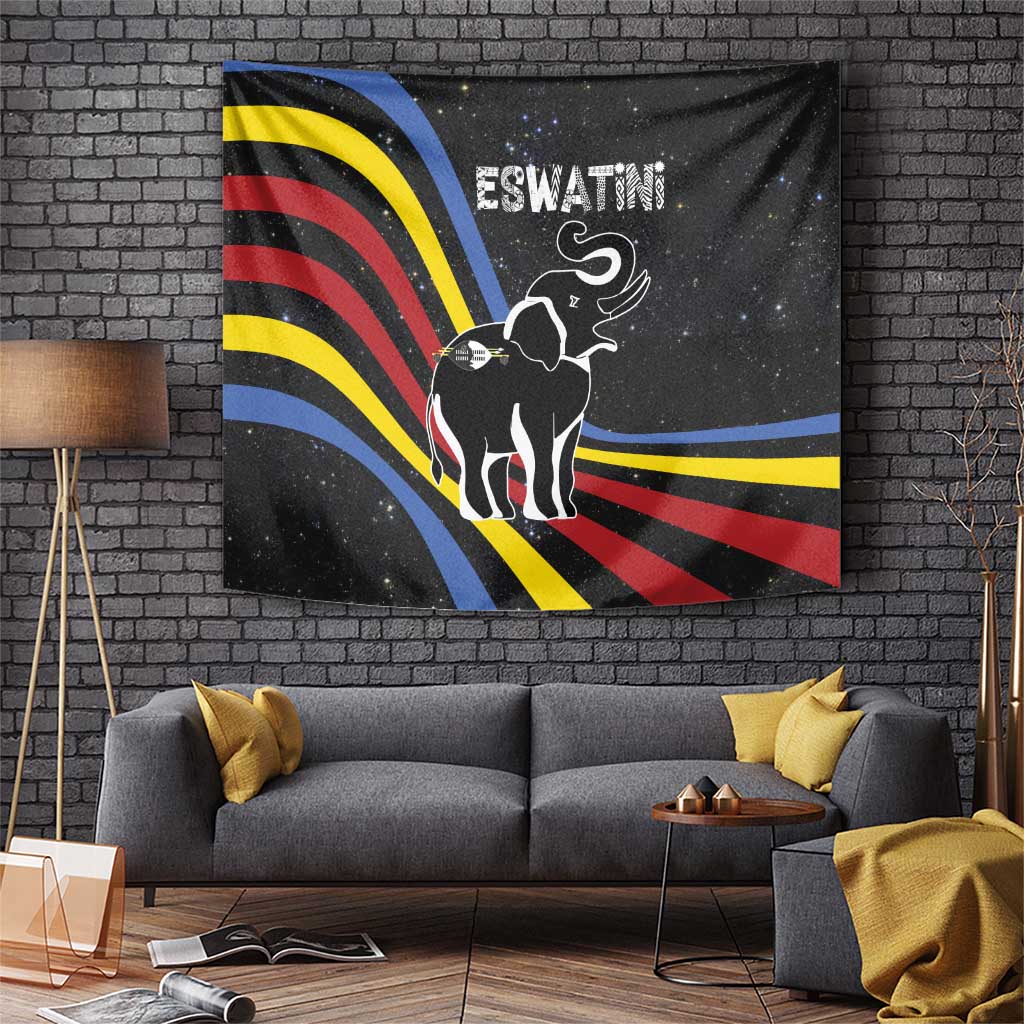 Eswatini Elephant Tapestry with Cosmic Background and Swazi Flag Colors