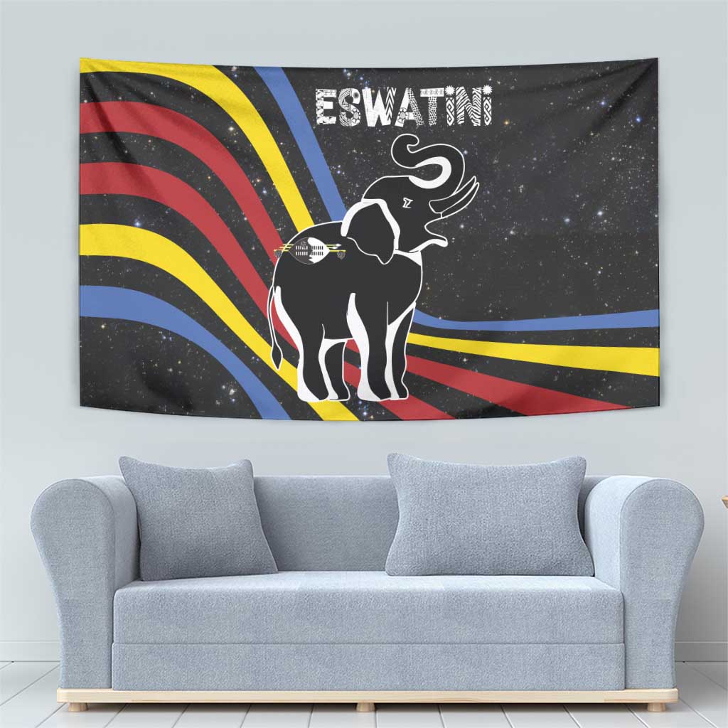 Eswatini Elephant Tapestry with Cosmic Background and Swazi Flag Colors