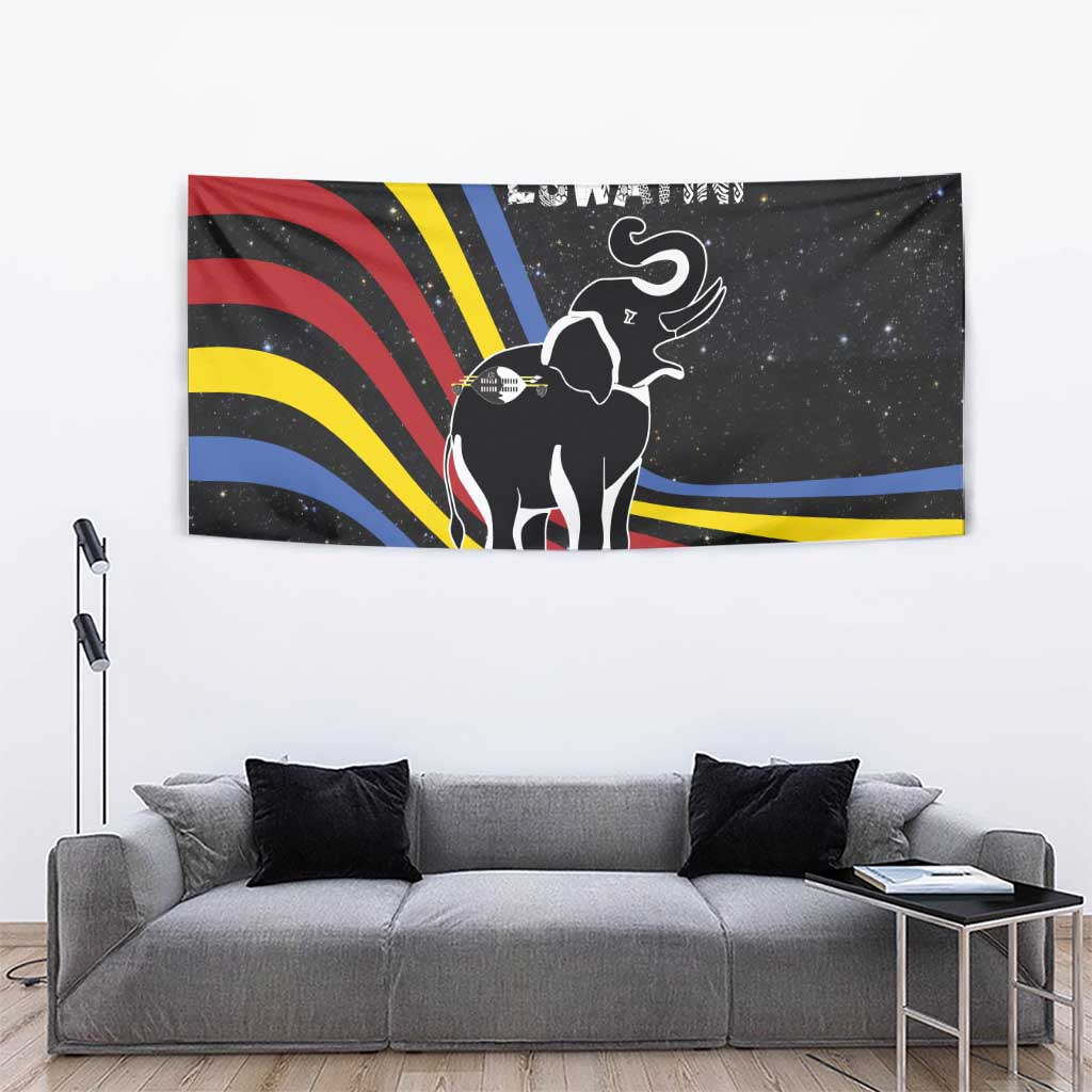 Eswatini Elephant Tapestry with Cosmic Background and Swazi Flag Colors