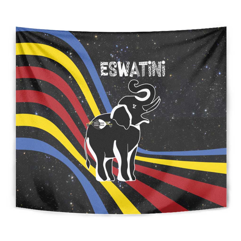 Eswatini Elephant Tapestry with Cosmic Background and Swazi Flag Colors