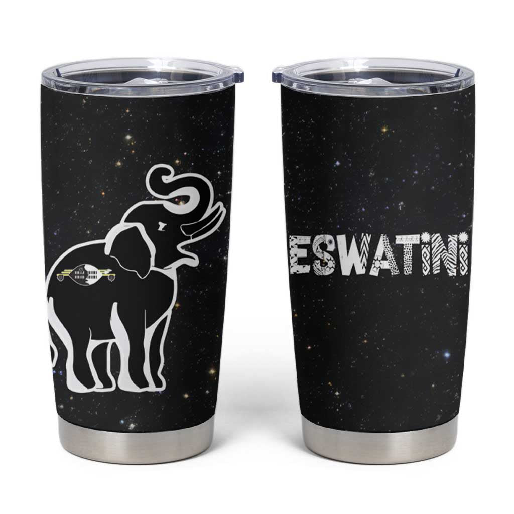 Eswatini Elephant Tumbler Cup with Cosmic Background and Swazi Flag Colors