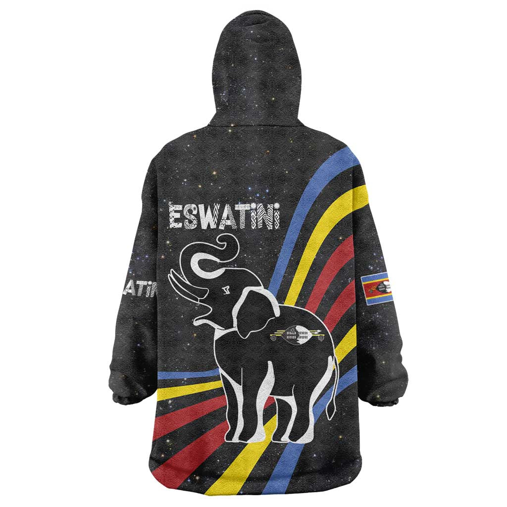 Eswatini Elephant Wearable Blanket Hoodie with Cosmic Background and Swazi Flag Colors