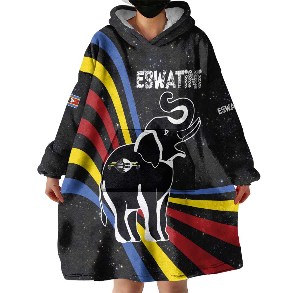 Eswatini Elephant Wearable Blanket Hoodie with Cosmic Background and Swazi Flag Colors