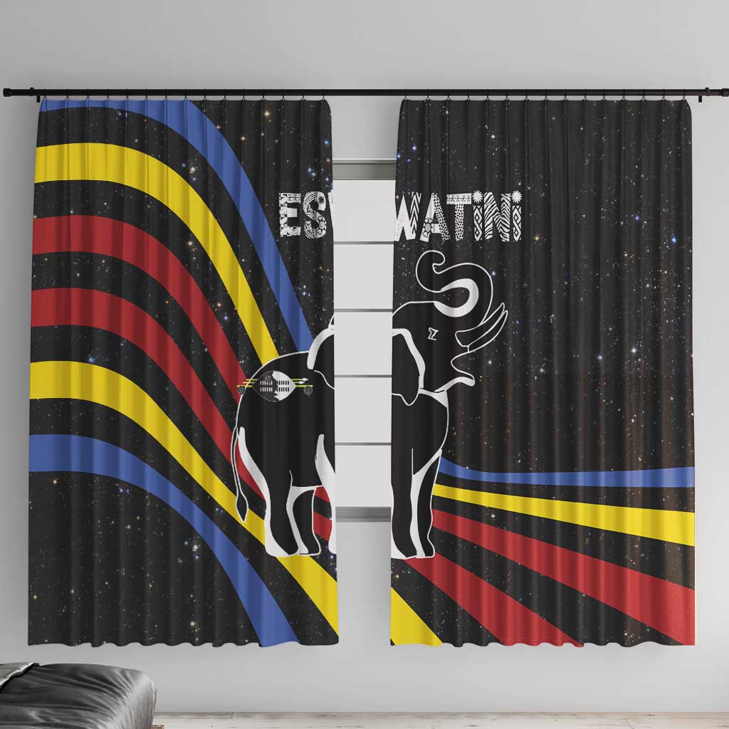 Eswatini Elephant Window Curtain with Cosmic Background and Swazi Flag Colors