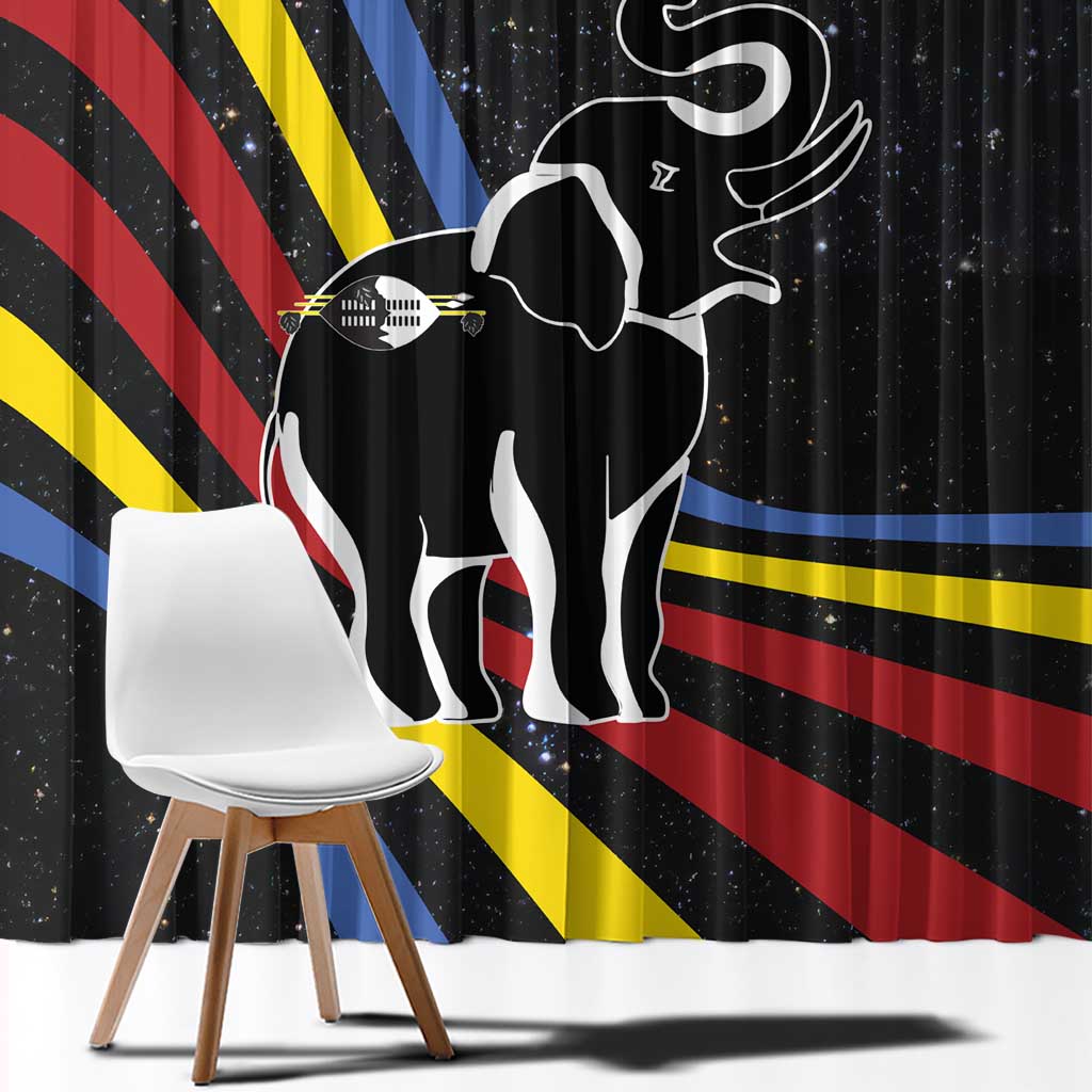 Eswatini Elephant Window Curtain with Cosmic Background and Swazi Flag Colors