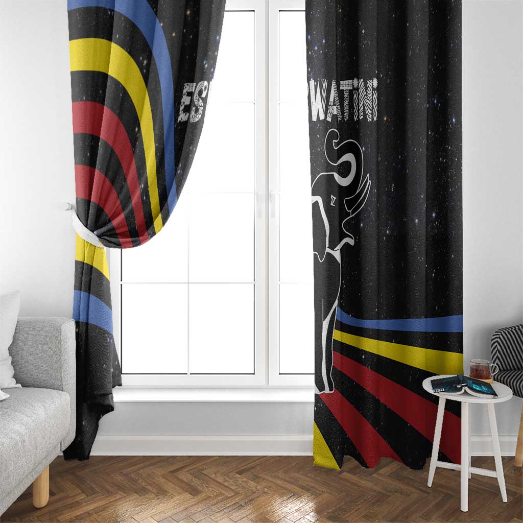 Eswatini Elephant Window Curtain with Cosmic Background and Swazi Flag Colors