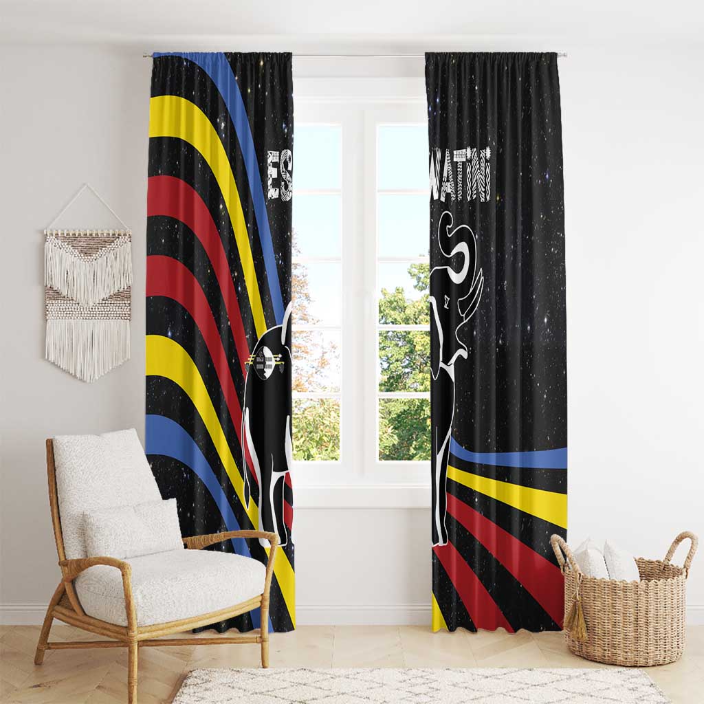 Eswatini Elephant Window Curtain with Cosmic Background and Swazi Flag Colors