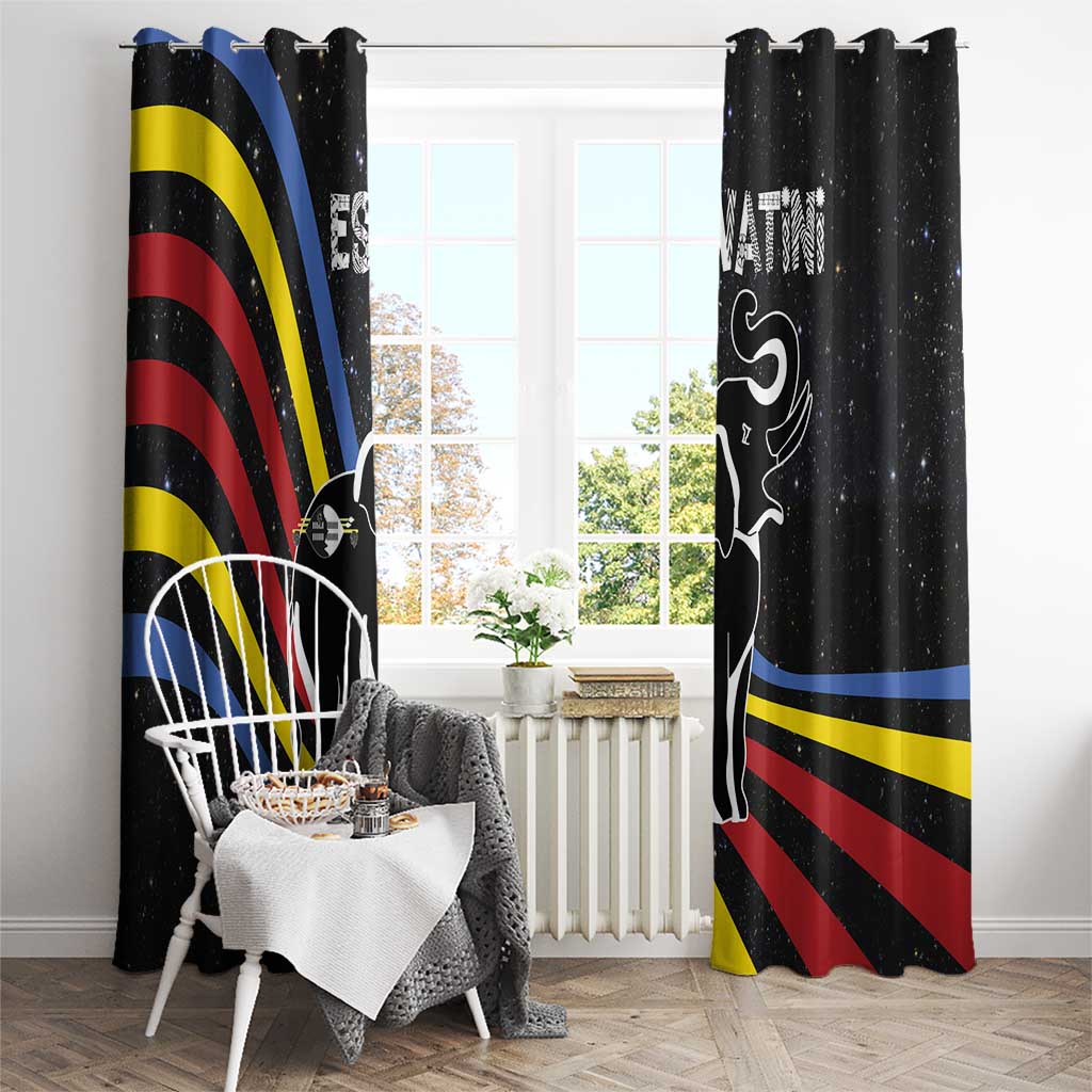 Eswatini Elephant Window Curtain with Cosmic Background and Swazi Flag Colors