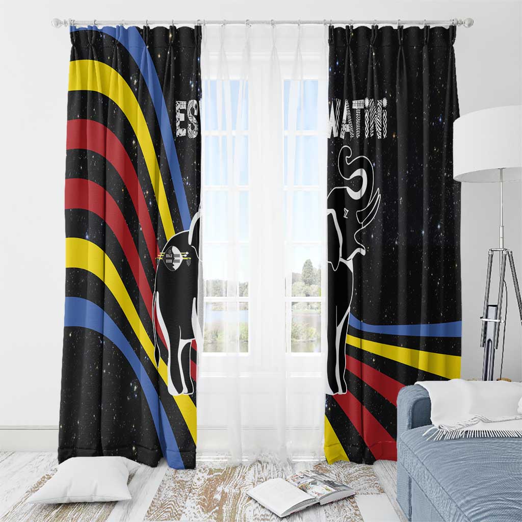 Eswatini Elephant Window Curtain with Cosmic Background and Swazi Flag Colors