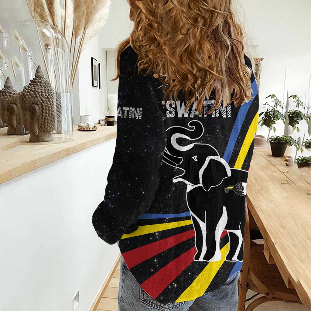 Eswatini Elephant Women Casual Shirt with Cosmic Background and Swazi Flag Colors