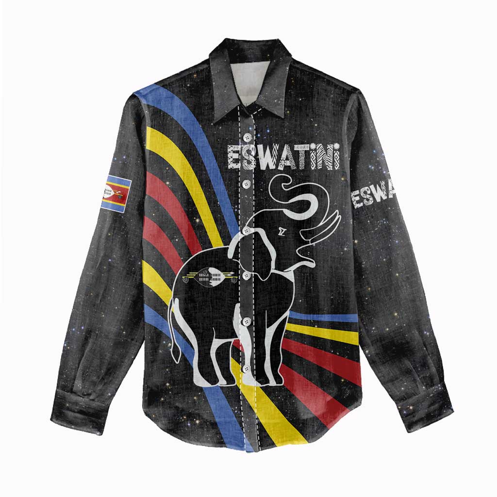 Eswatini Elephant Women Casual Shirt with Cosmic Background and Swazi Flag Colors