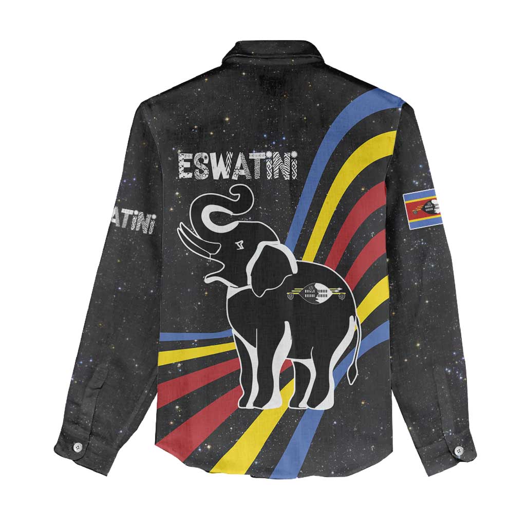 Eswatini Elephant Women Casual Shirt with Cosmic Background and Swazi Flag Colors