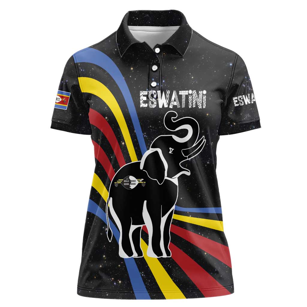 Eswatini Elephant Women Polo Shirt with Cosmic Background and Swazi Flag Colors