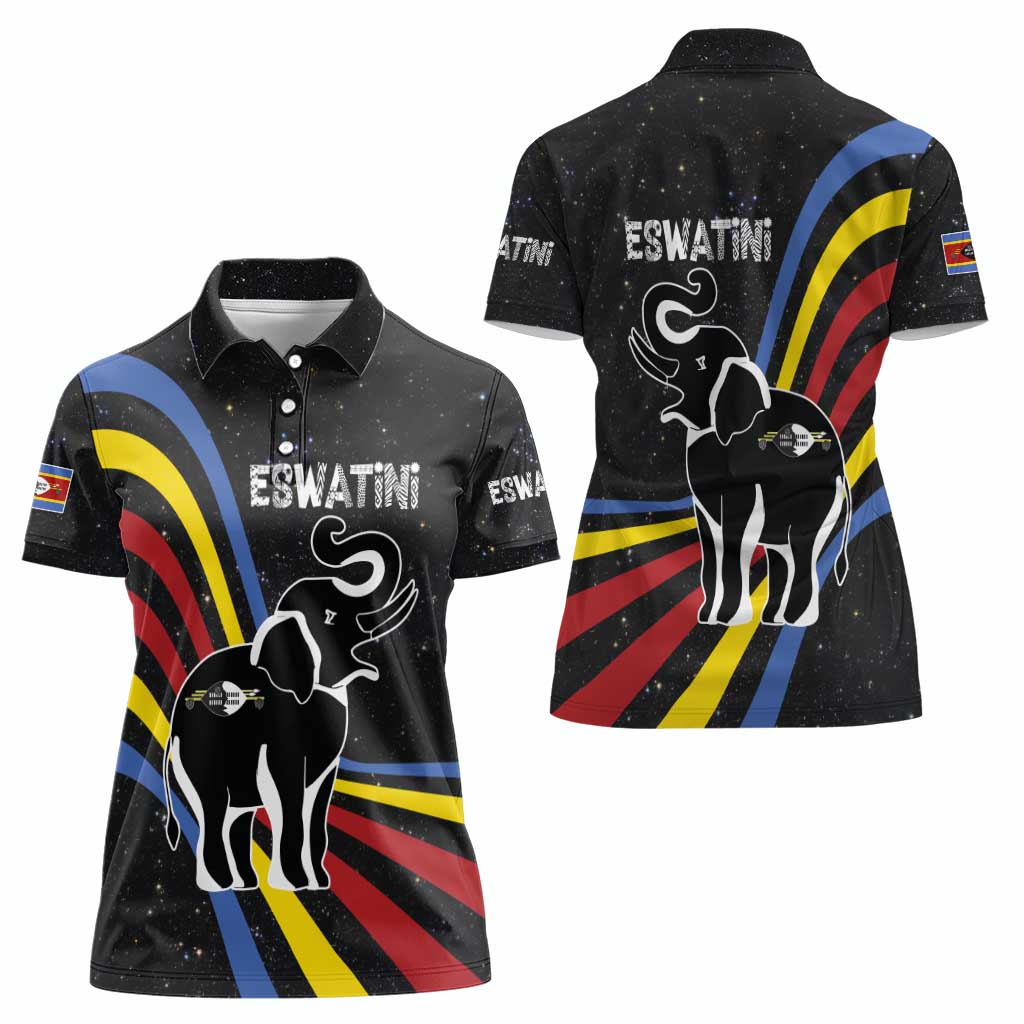 Eswatini Elephant Women Polo Shirt with Cosmic Background and Swazi Flag Colors