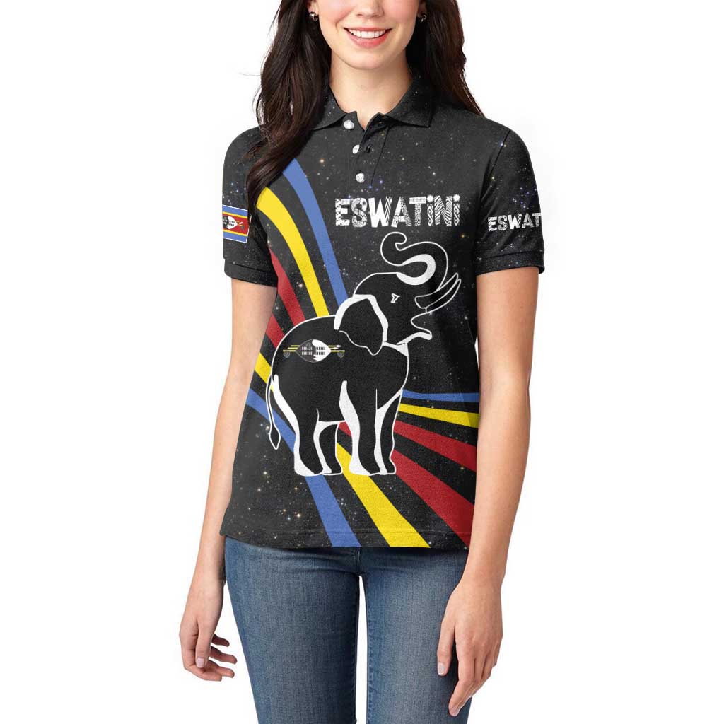Eswatini Elephant Women Polo Shirt with Cosmic Background and Swazi Flag Colors