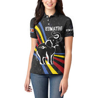 Eswatini Elephant Women Polo Shirt with Cosmic Background and Swazi Flag Colors