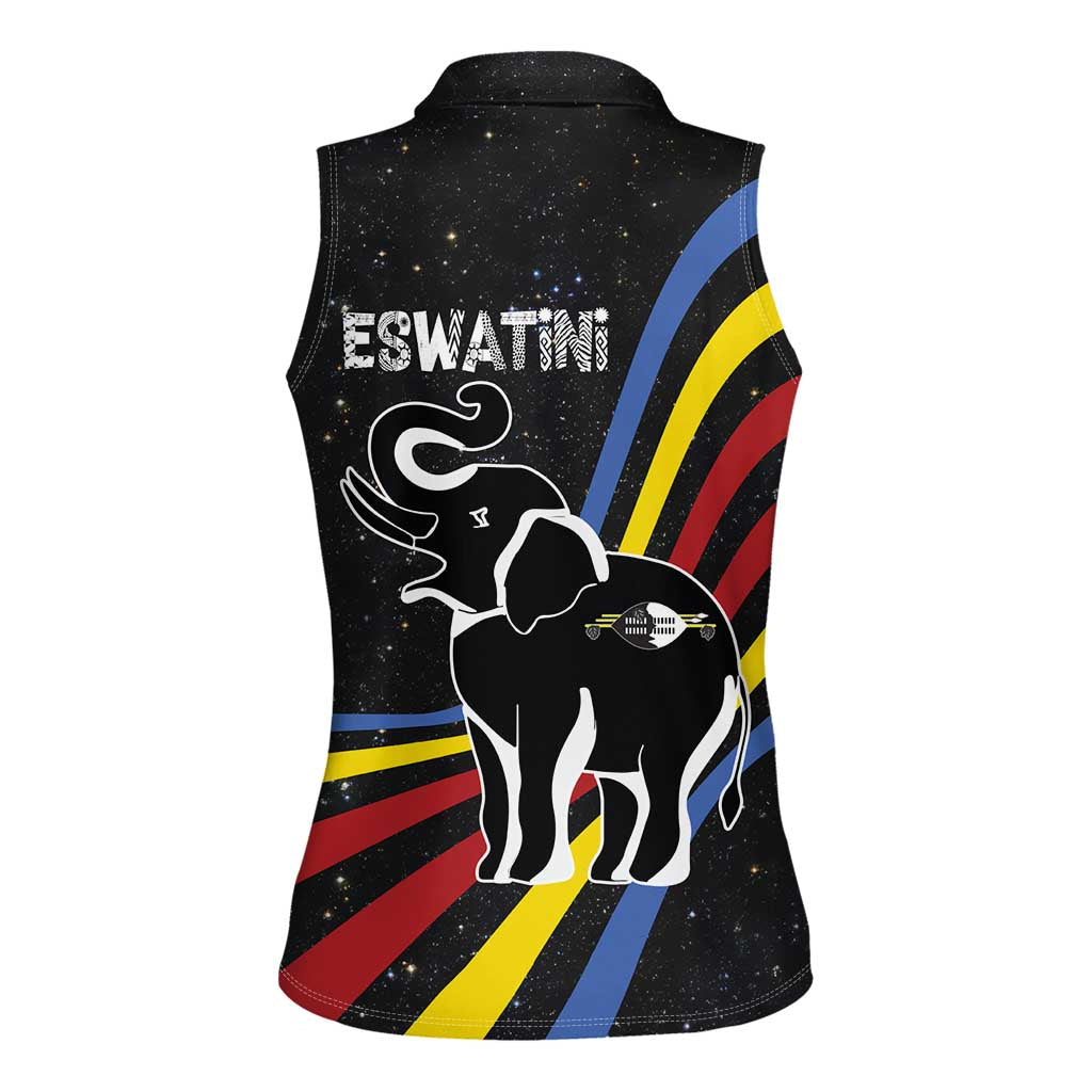 Eswatini Elephant Women Sleeveless Polo Shirt with Cosmic Background and Swazi Flag Colors