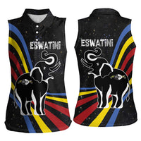 Eswatini Elephant Women Sleeveless Polo Shirt with Cosmic Background and Swazi Flag Colors