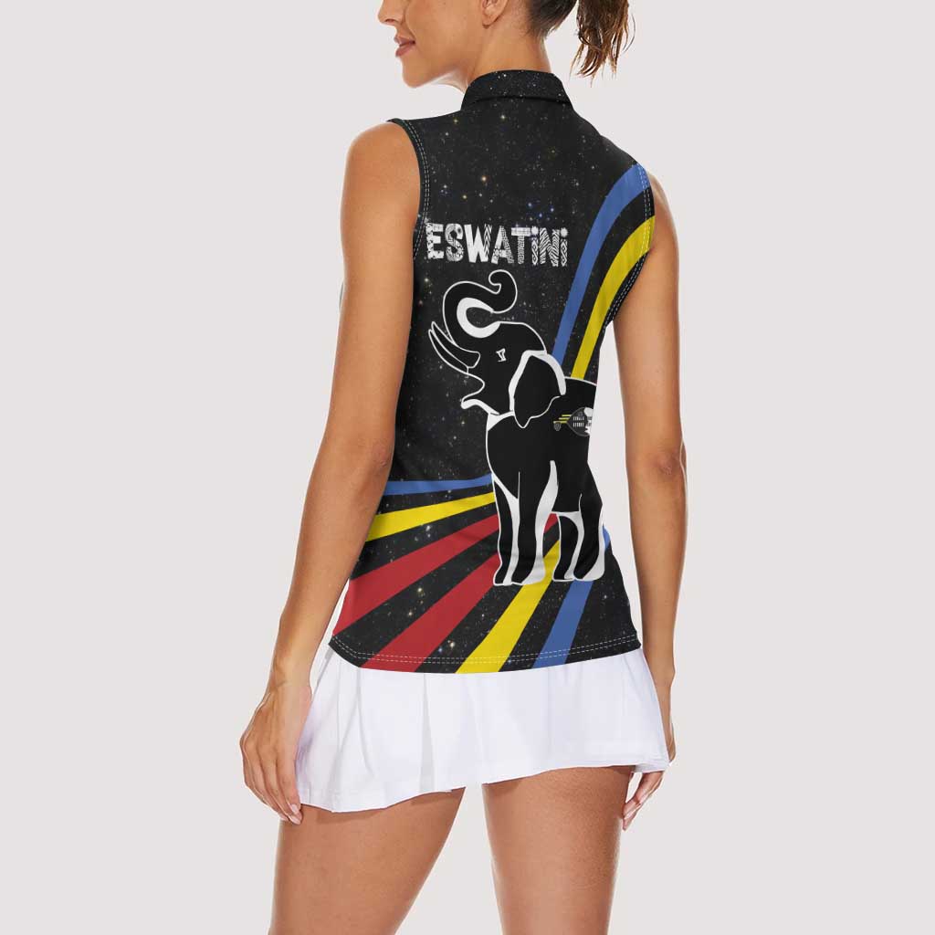 Eswatini Elephant Women Sleeveless Polo Shirt with Cosmic Background and Swazi Flag Colors