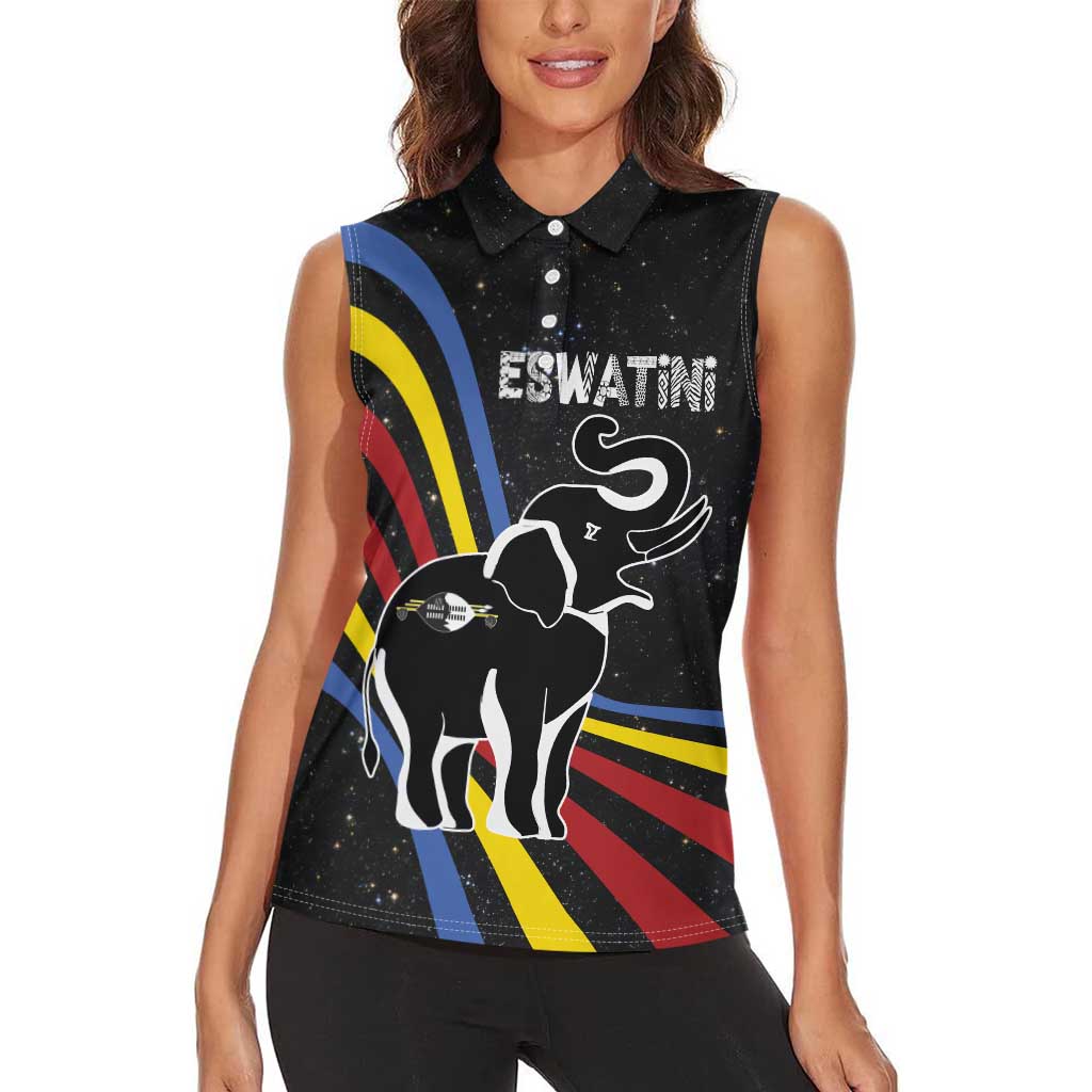 Eswatini Elephant Women Sleeveless Polo Shirt with Cosmic Background and Swazi Flag Colors