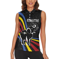 Eswatini Elephant Women Sleeveless Polo Shirt with Cosmic Background and Swazi Flag Colors