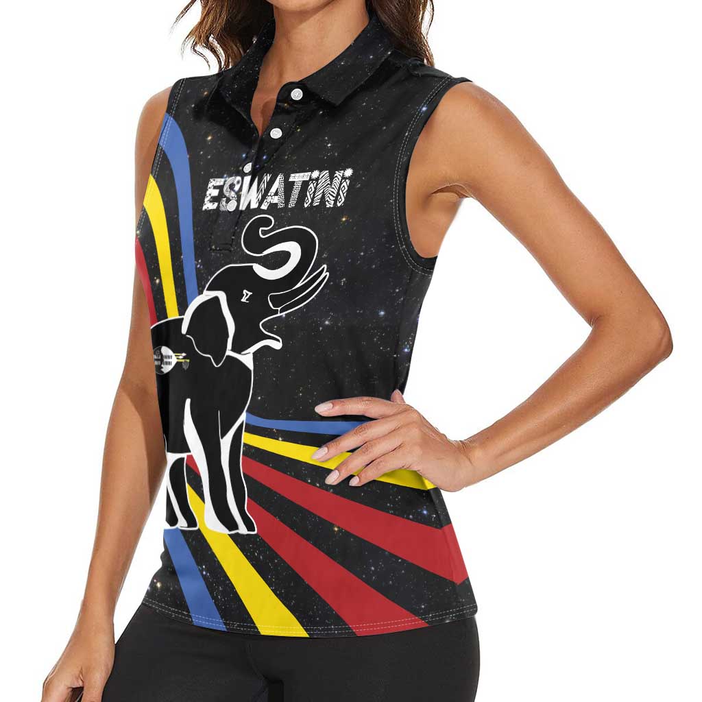 Eswatini Elephant Women Sleeveless Polo Shirt with Cosmic Background and Swazi Flag Colors