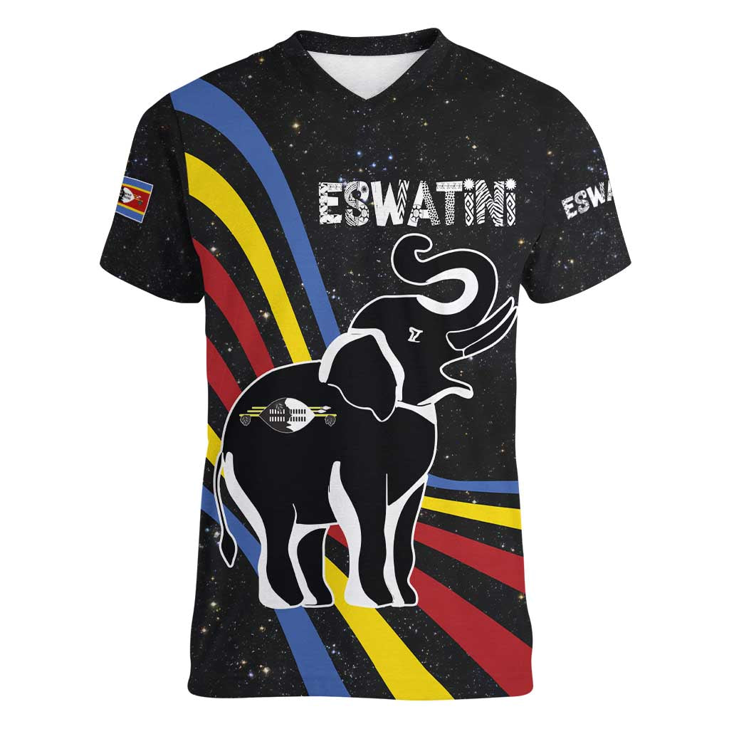 Eswatini Elephant Women V-Neck T-Shirt with Cosmic Background and Swazi Flag Colors
