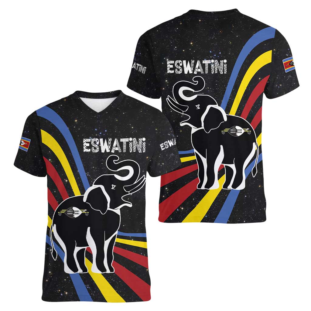 Eswatini Elephant Women V-Neck T-Shirt with Cosmic Background and Swazi Flag Colors
