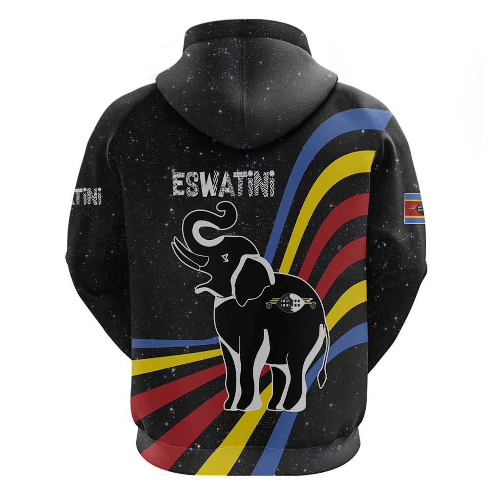 Eswatini Elephant Zip Hoodie with Cosmic Background and Swazi Flag Colors