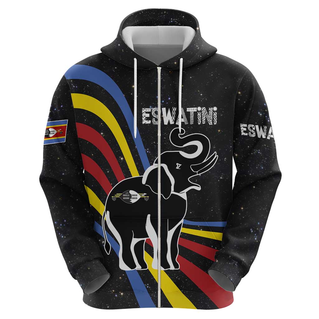 Eswatini Elephant Zip Hoodie with Cosmic Background and Swazi Flag Colors